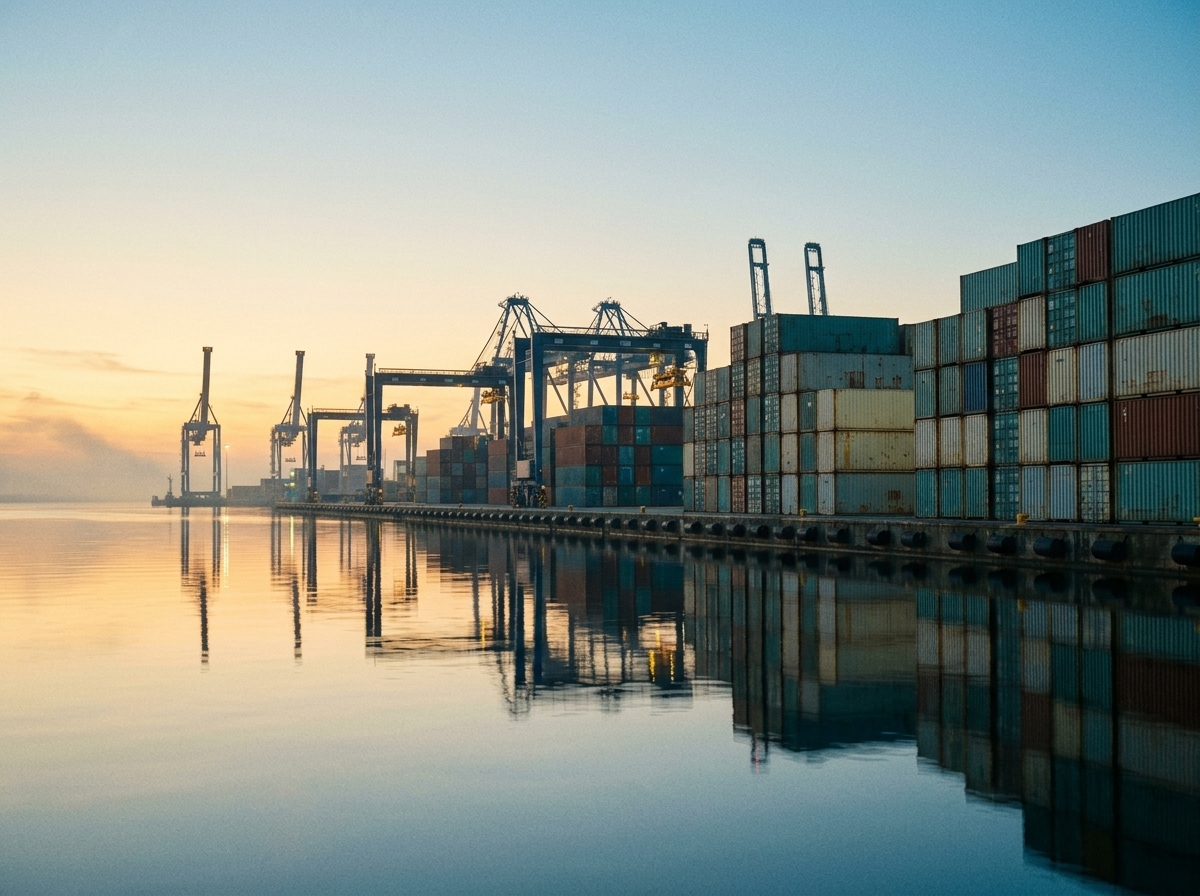 Port w Gdyni o niebieskiej godzinie, kontenery i dźwigi