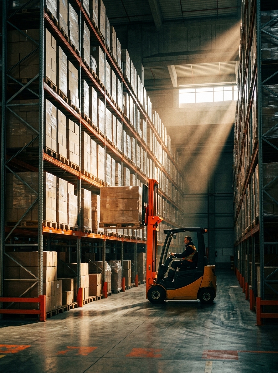 Wnętrze magazynu ze światłem wpadającym z góry