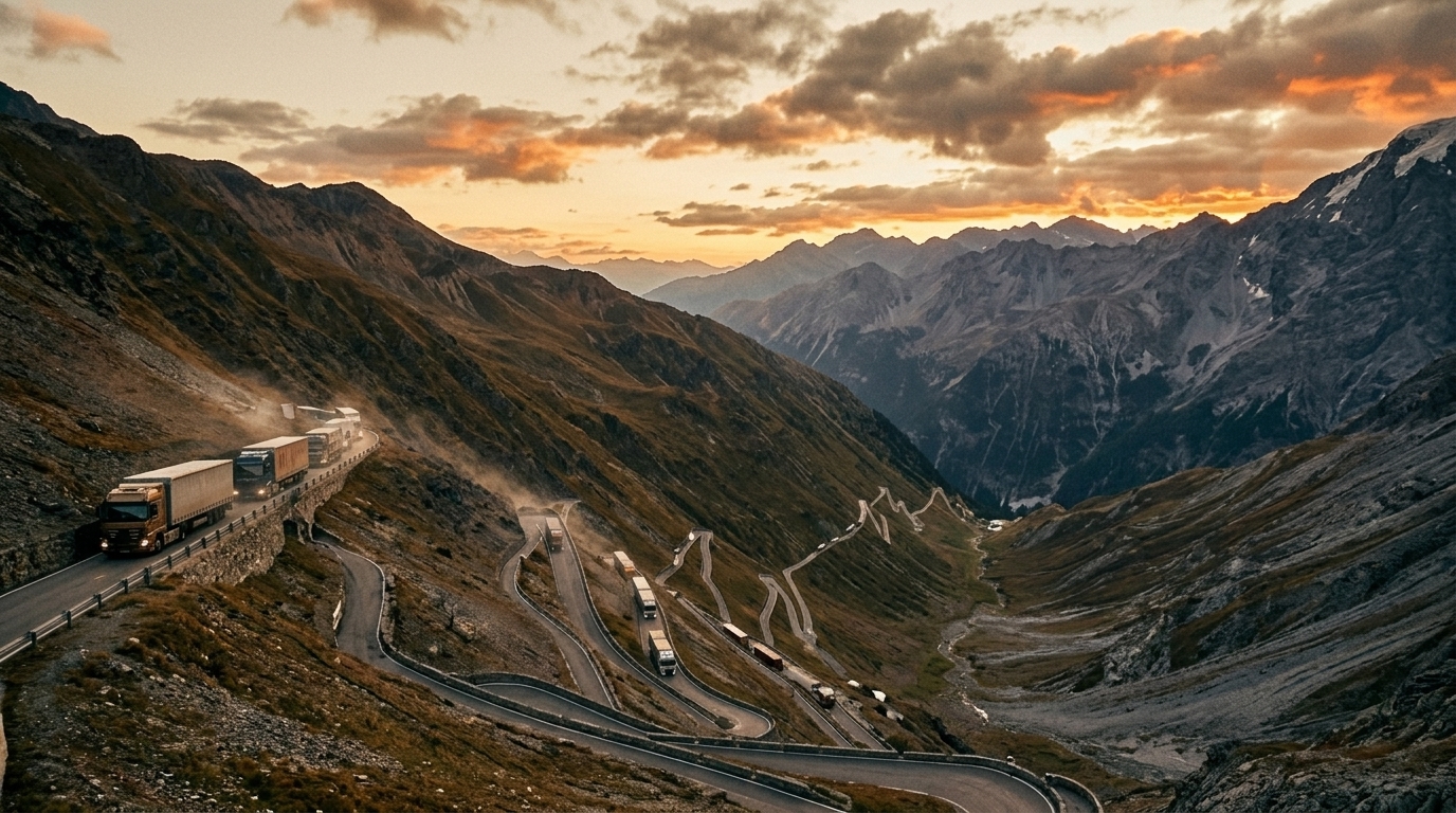 Konwój ciężarówek na przełęczy górskiej o świcie
