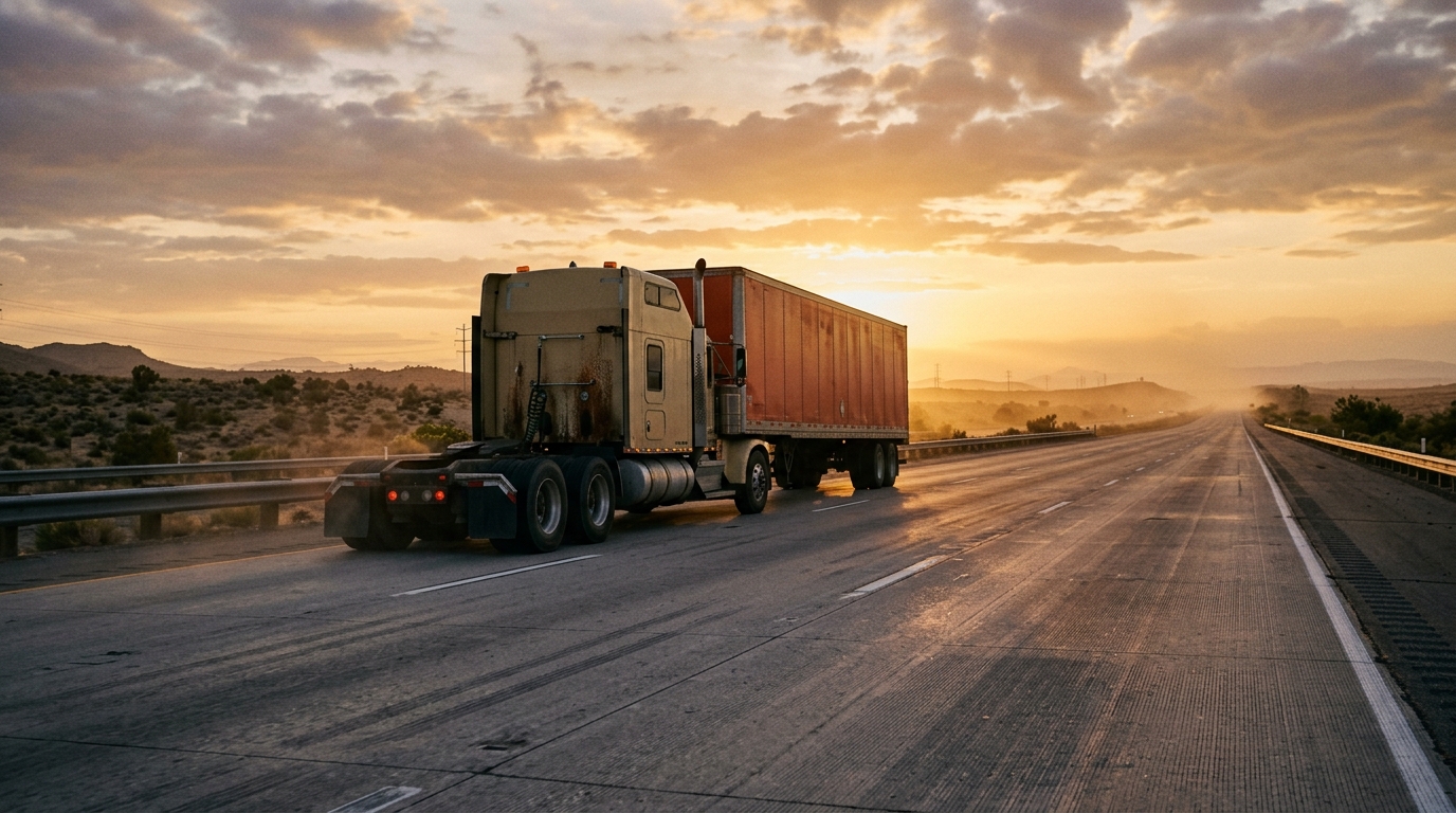 Ciężarówka JSLOGISTICS na autostradzie o świcie